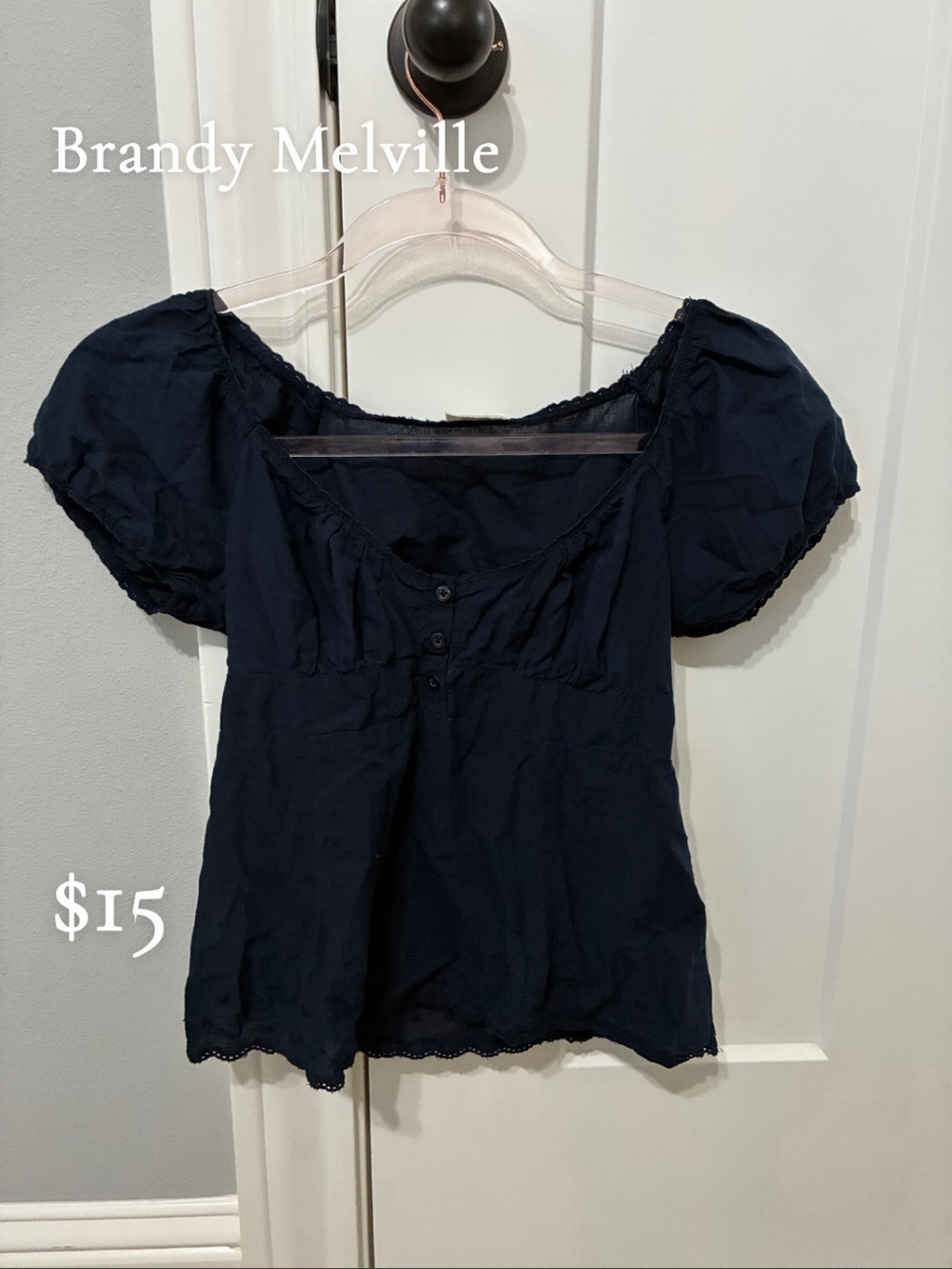 Brandy Melville Navy Puff Sleeve Button-Front Top